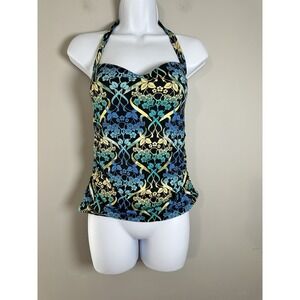 JETS by Jessika Allen Halter Tankini Top Floral Art Nouveau Blue‎ Teal Sz US 8